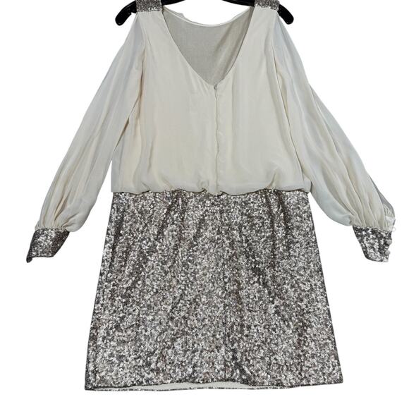 CACHE Sequin Skirt Cold Shoulder Blouson Dress Size 8 - Picture 4 of 5